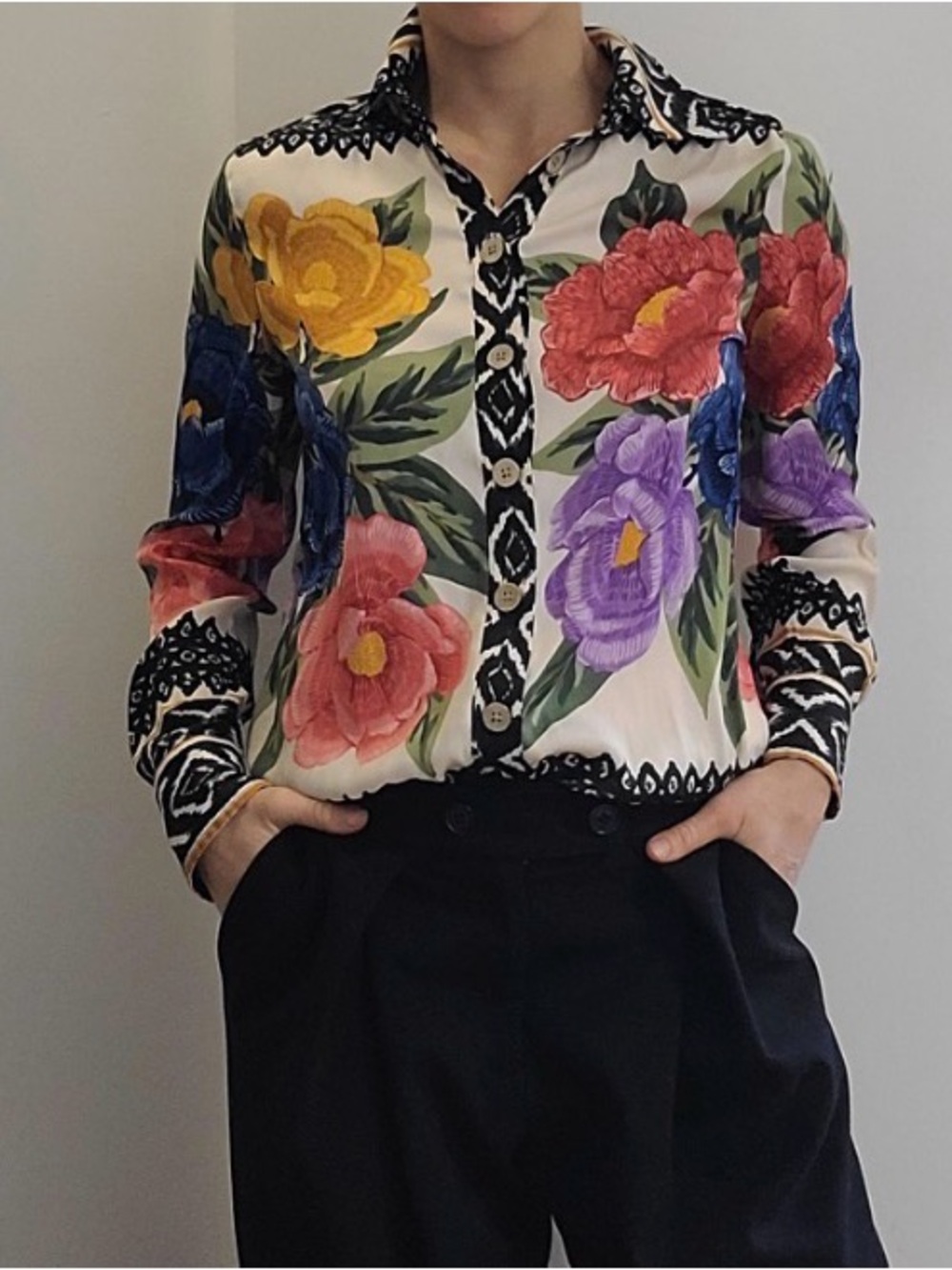 Rachel Zoe Cream Button-Down Shirt with Multicolor Floral Prints